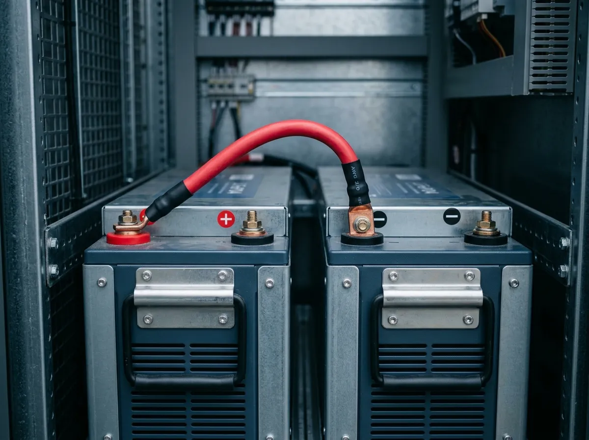Two LiFePO4 battery modules wired in series inside a storage cabinet, with a jumper from the positive terminal of one module to the negative of the next