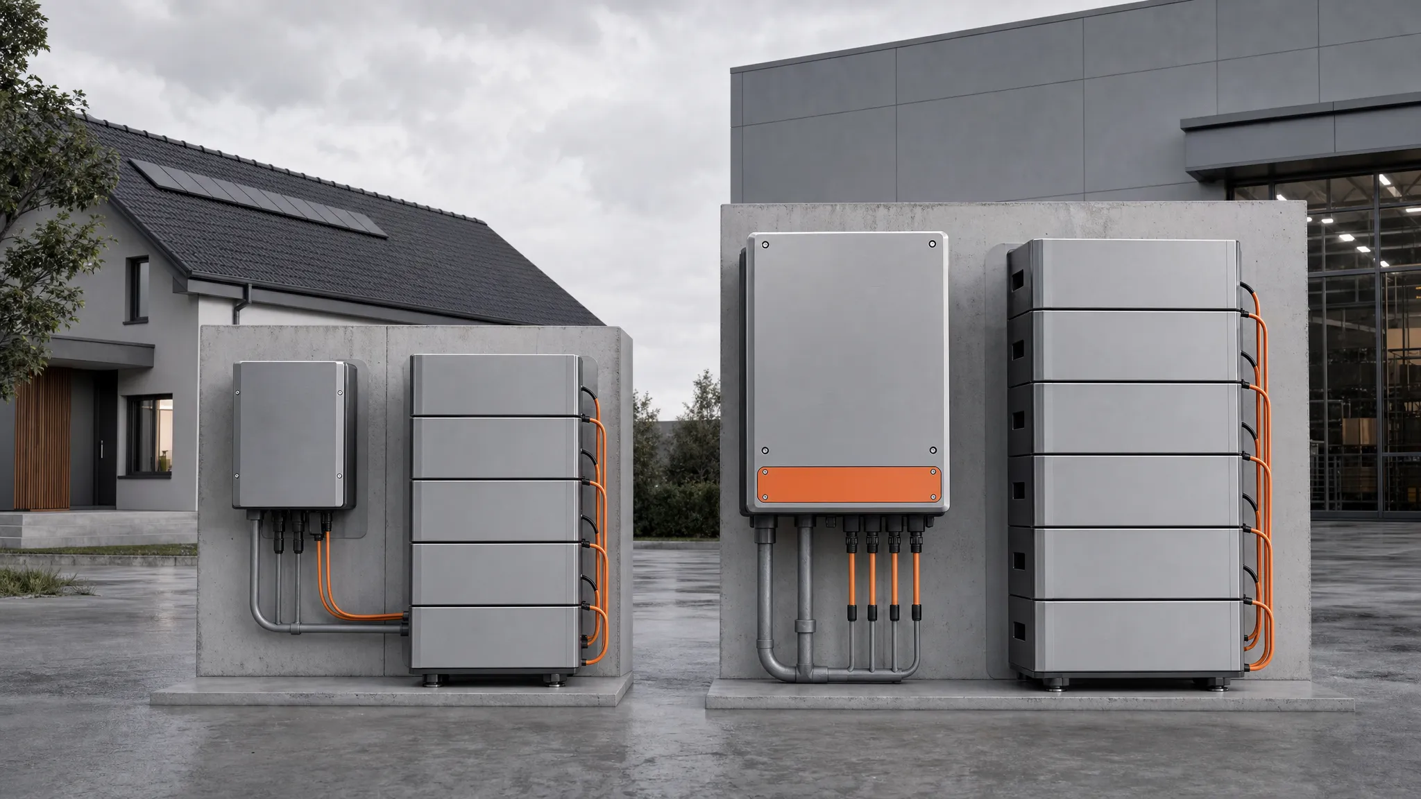 A single-phase home hybrid inverter and a three-phase hybrid inverter, each with its high-voltage battery stack