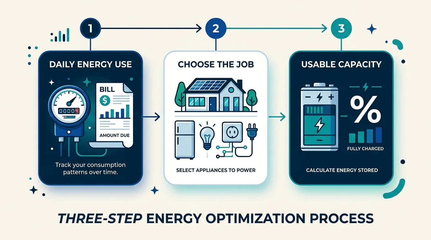 Three-step home battery sizing method: daily energy use, then the job, then usable-capacity correction