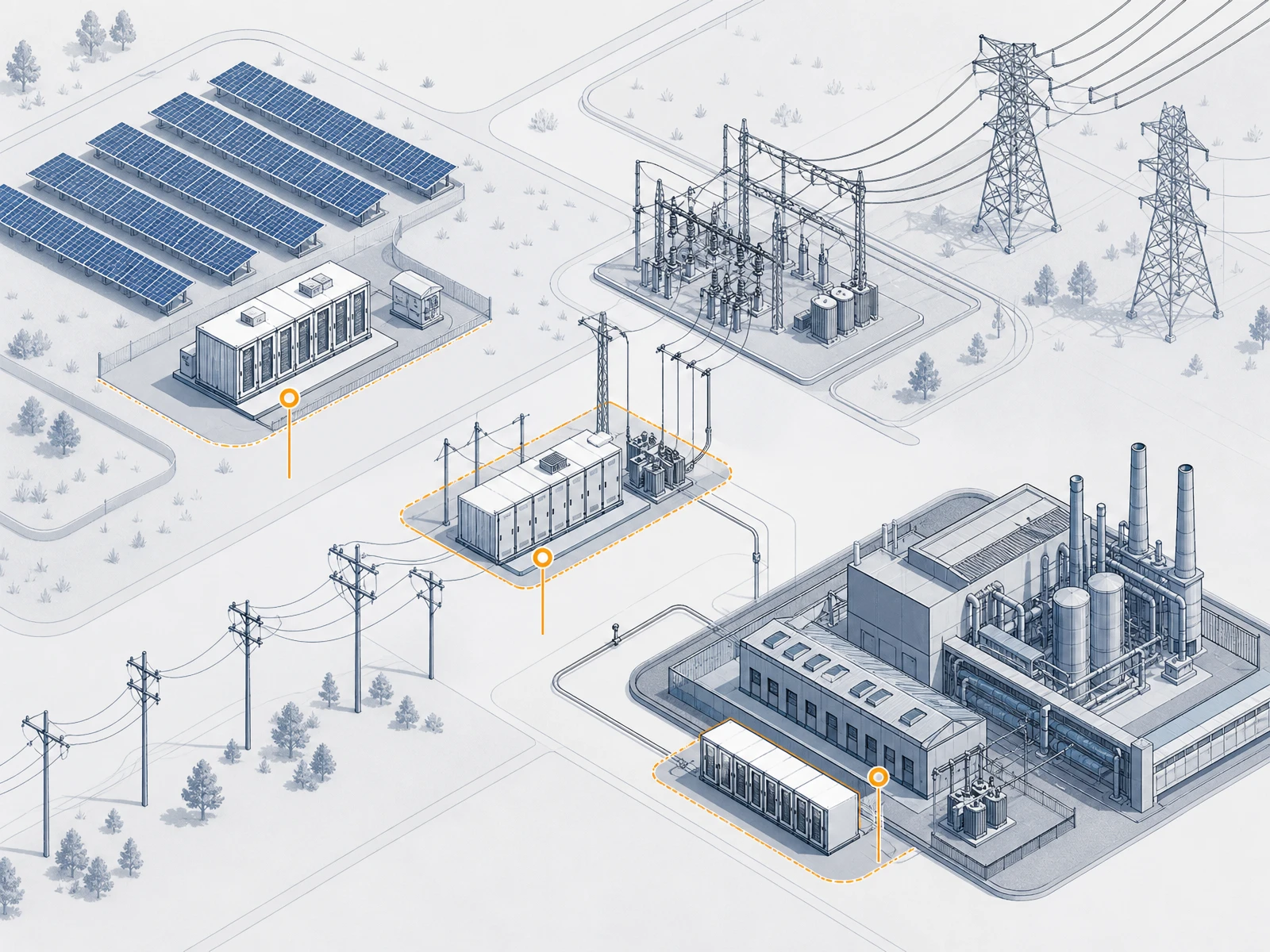 Diagram of where utility-scale storage connects to the grid: at the generation site, on the transmission network, and behind large loads