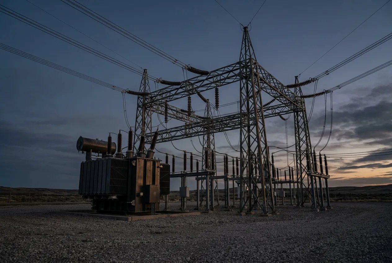 High-voltage transformer and gantry at dusk, the grid interface a frequency regulation commitment is settled against