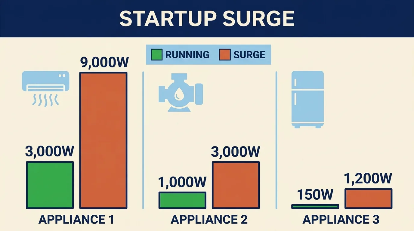Running watts vs starting surge watts for common whole-home appliances