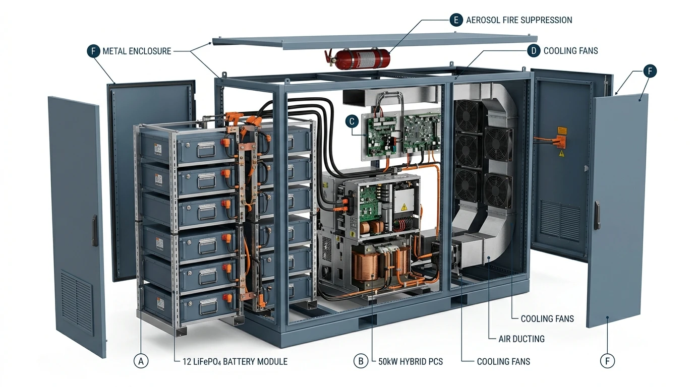 Exploded diagram of a 50kW hybrid storage cabinet showing battery modules, PCS, BMS/EMS, cooling fans, and fire suppression labeled with callout lines