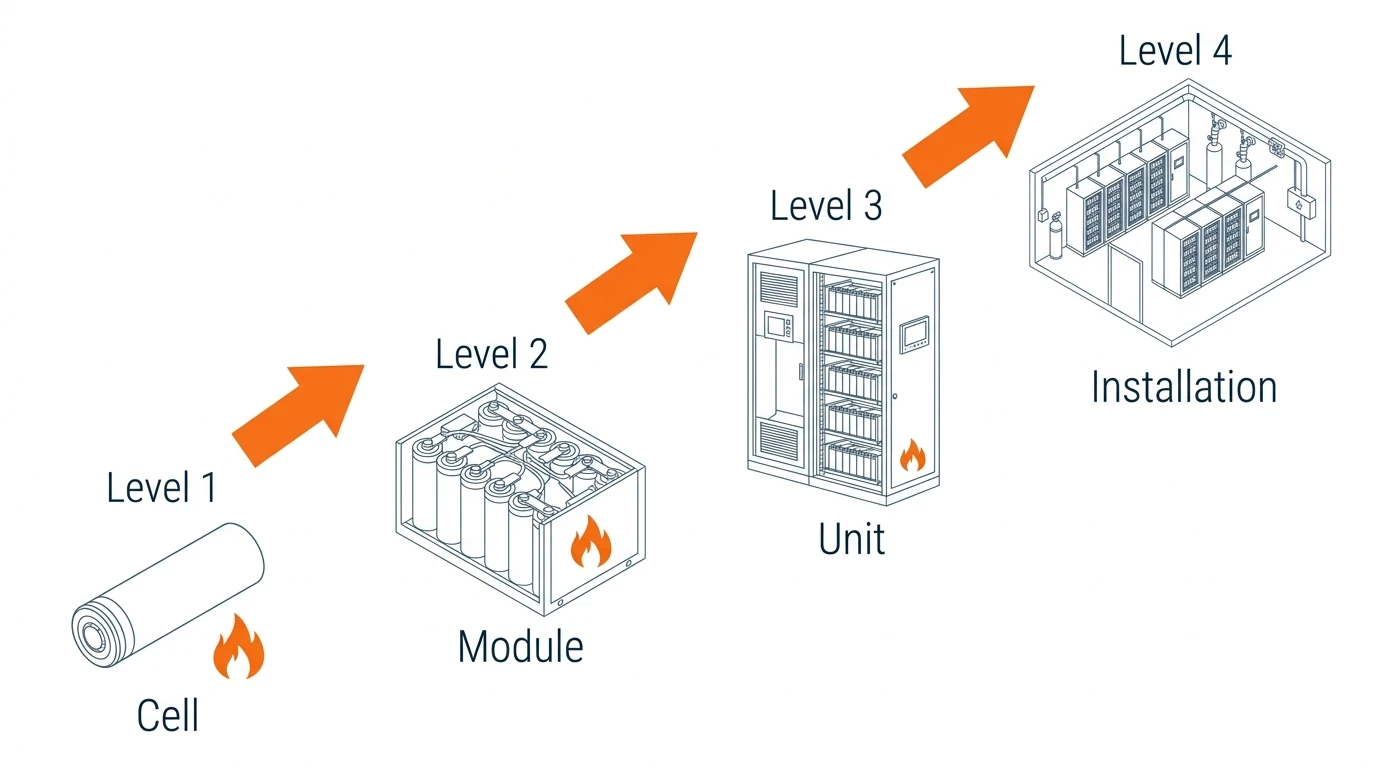 UL 9540A test levels escalating from a single cell to a full installation, with thermal runaway fire propagation contained at each stage