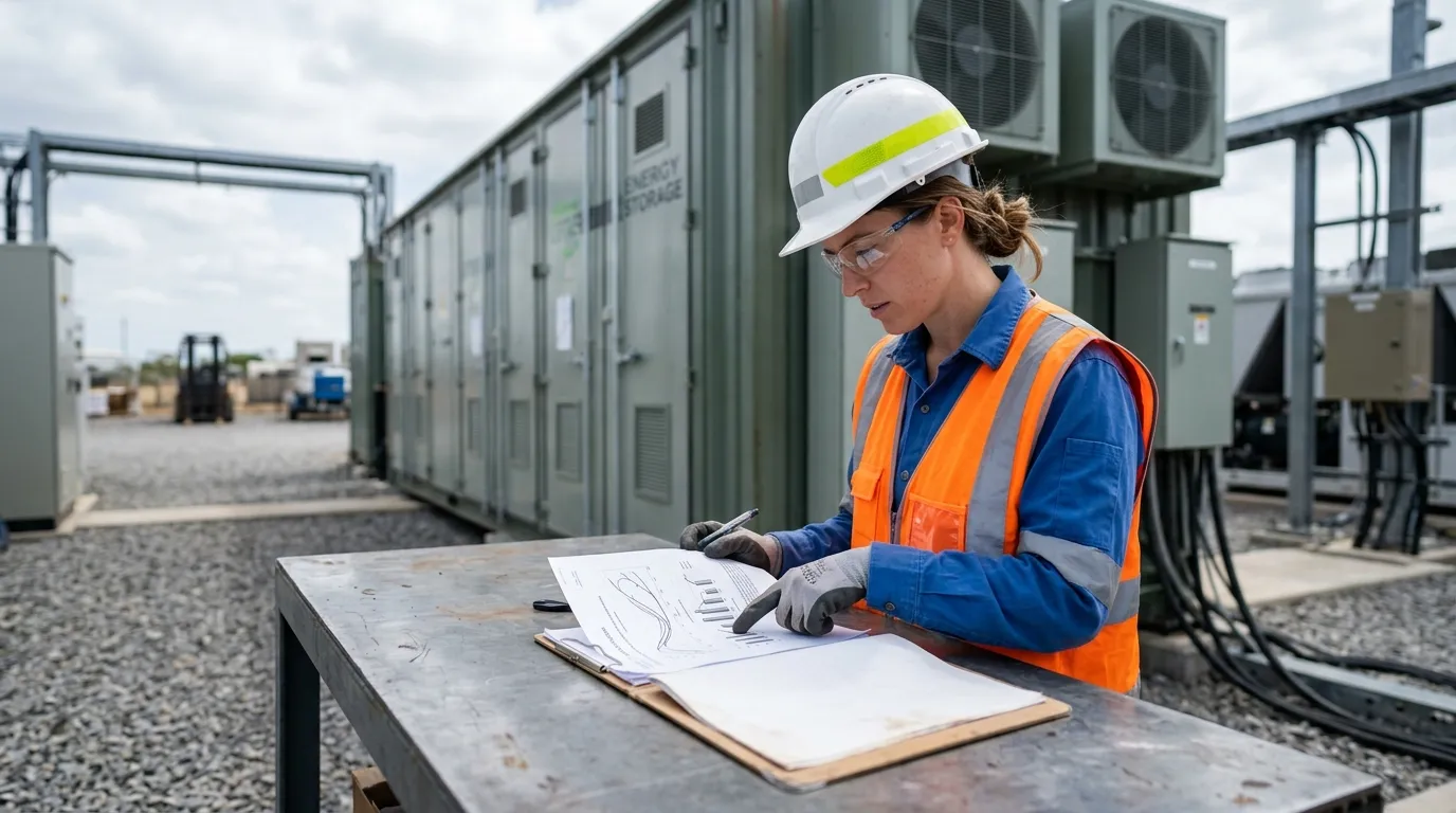 Engineer verifying a UL 9540A test report against an energy storage cabinet specification sheet during vendor evaluation