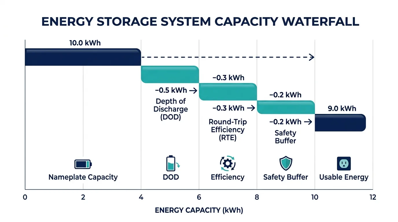 Diagram showing nameplate capacity reduced by depth of discharge, round-trip efficiency and a safety buffer to reach usable energy