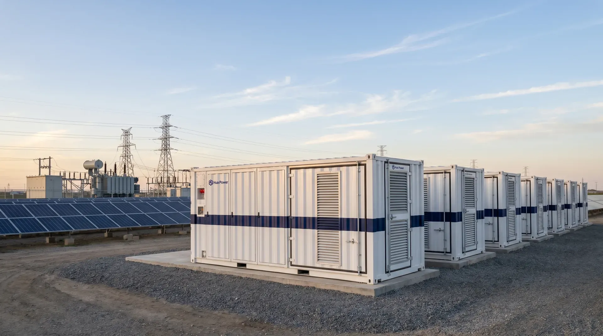 Row of white containerized battery storage units on gravel pads beside a ground-mounted solar array and substation at dawn