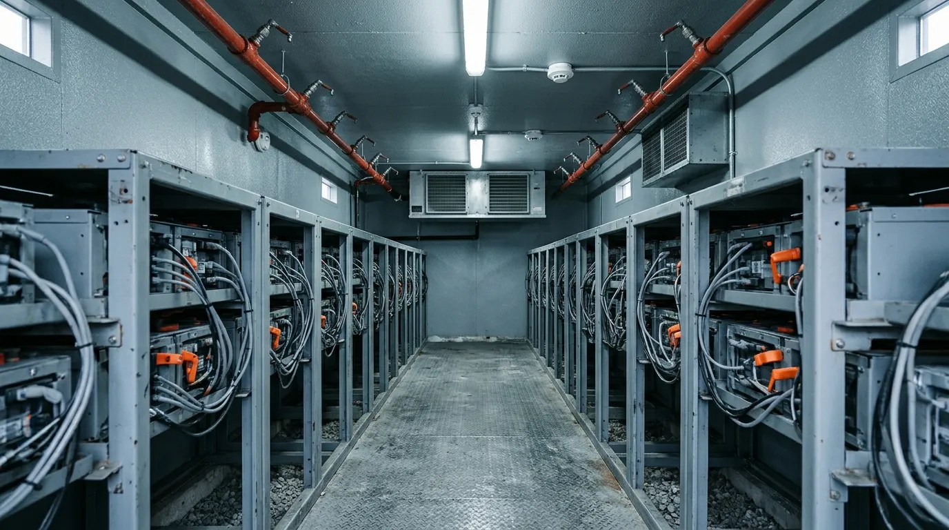 Inside a walk-in battery storage enclosure showing racks, HVAC and fire protection pipework