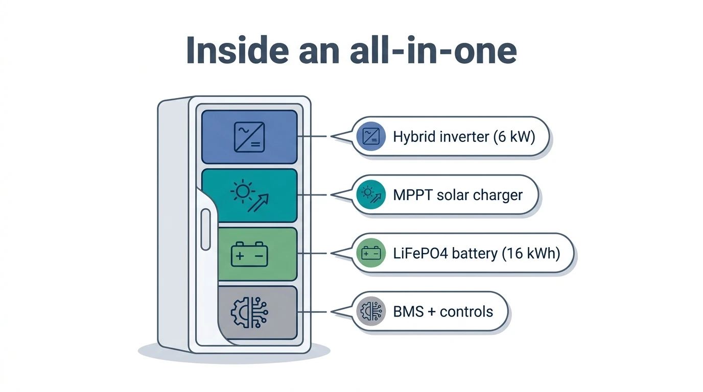 Cutaway diagram of an all-in-one home battery showing its hybrid inverter, MPPT solar charger, LiFePO4 battery and BMS in one enclosure