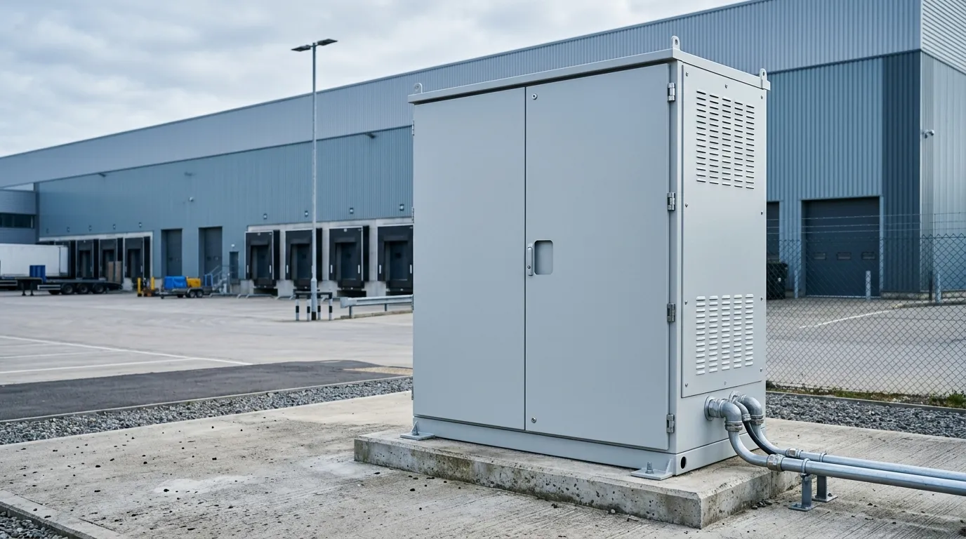 Photorealistic product shot of a brand-neutral outdoor battery storage cabinet with a blank front panel ready for branding, in front of a warehouse