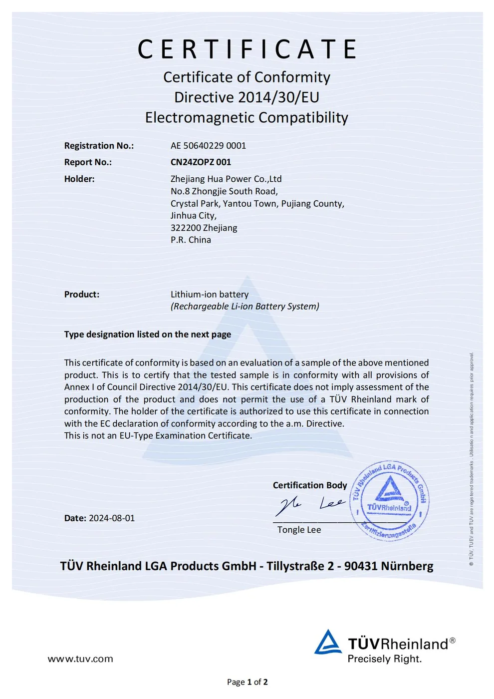 TÜV Rheinland Certificate of Conformity — EMC Directive 2014/30/EU, Lithium-ion Battery System