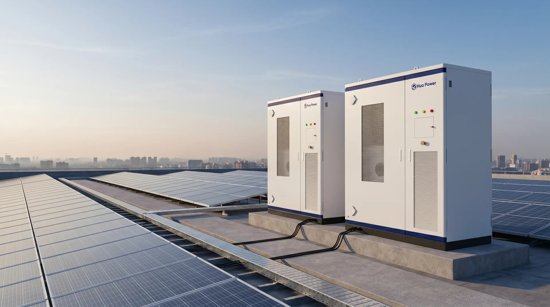 HC241P all-in-one BESS cabinet deployed on a commercial building rooftop with photovoltaic solar array